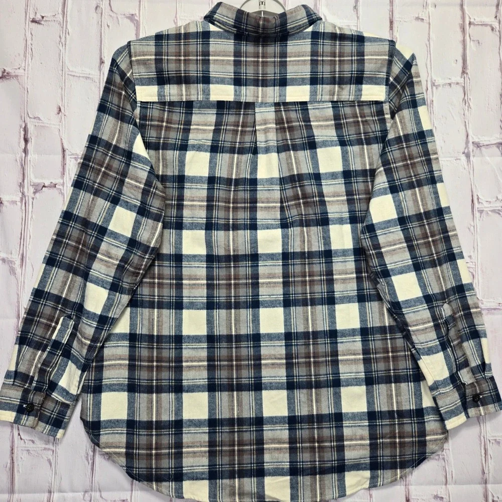 L.L.Bean Flannel Shirt Blue Brown Plaid Quarter Zip Soft Cotton Mens Large L